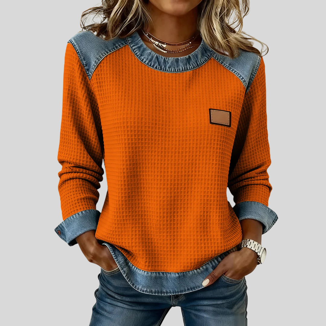 OLIVIA | Women's Waffle-Knit Patchwork Trim Sweatshirt
