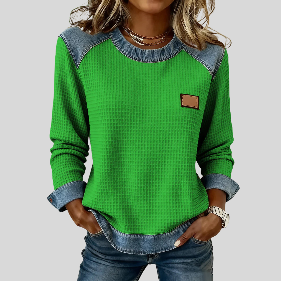 OLIVIA | Women's Waffle-Knit Patchwork Trim Sweatshirt