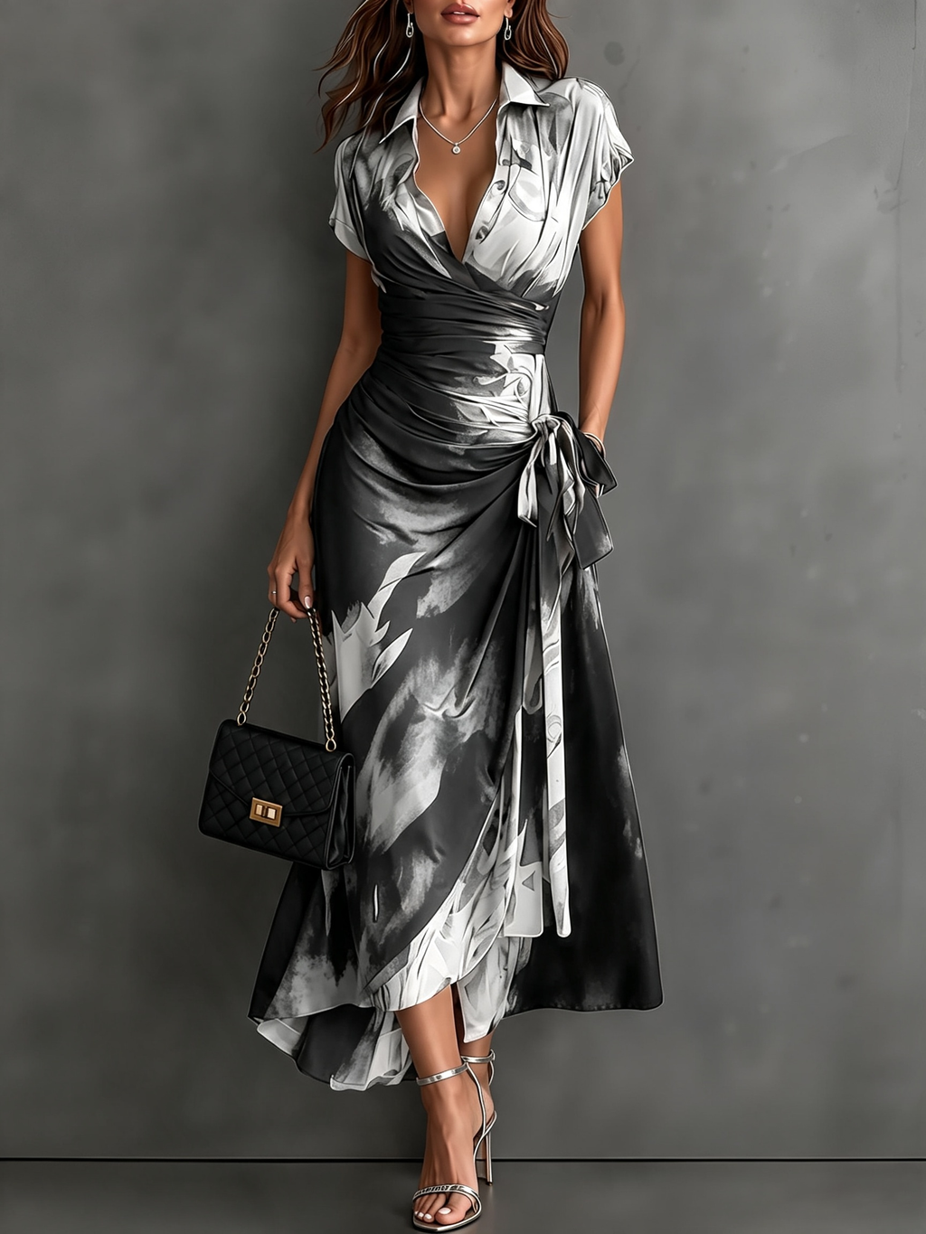 Carlotta | Midi Dress in Abstract Print, Black and White