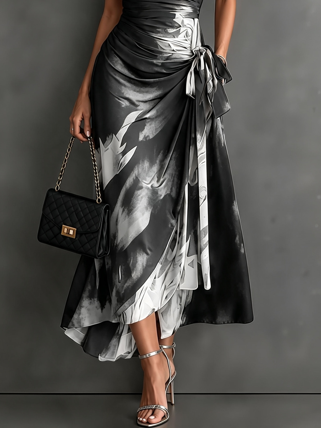 Carlotta | Midi Dress in Abstract Print, Black and White