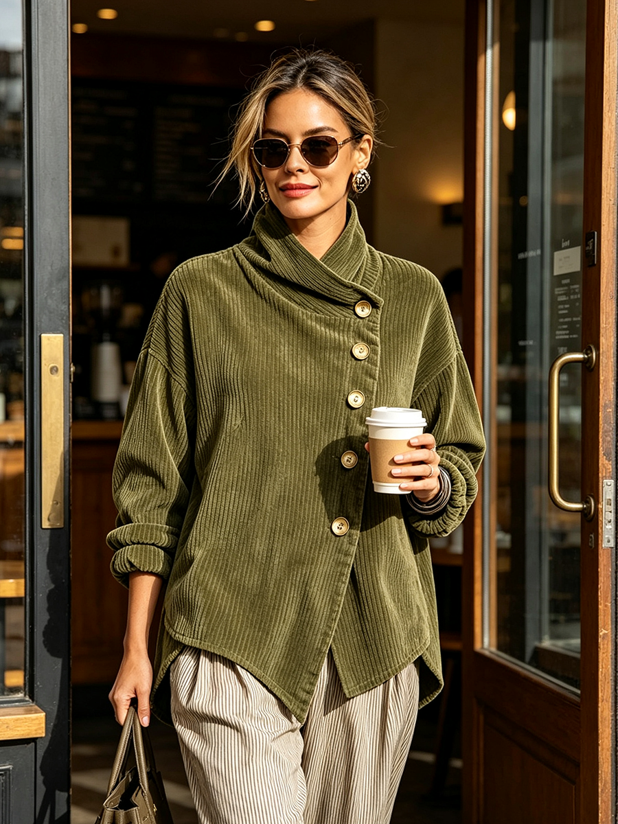 AVERY | Women's Wrap Collar Corduroy Button-Up Top