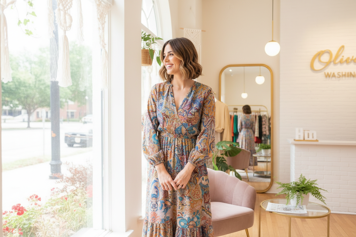 Vrouw in Olivea Washington boutique - andere hoek